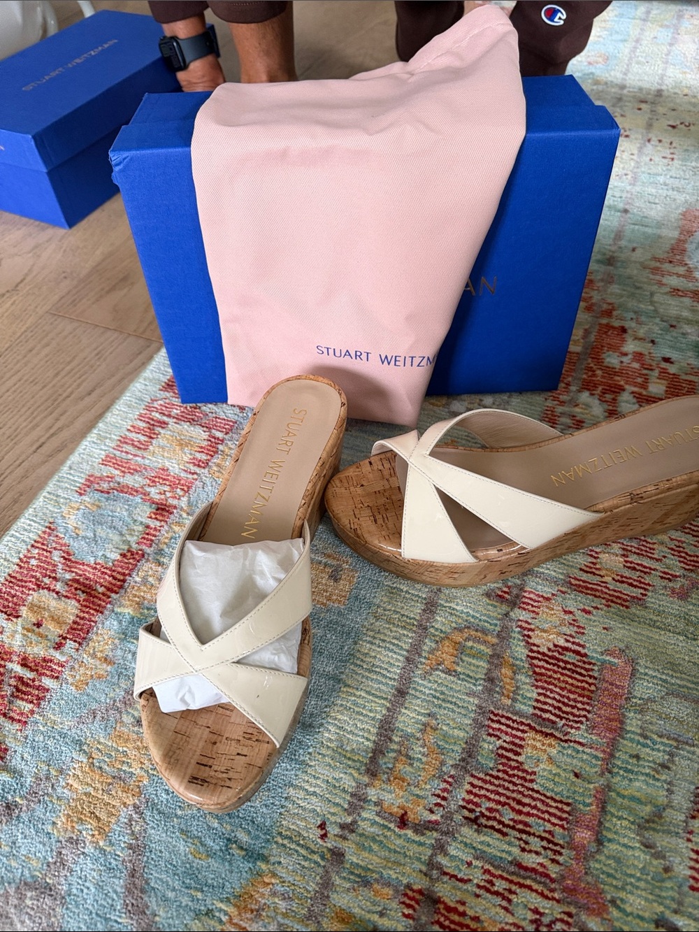 Stuart Weitzman Cream Leather Cork Slide Wedges